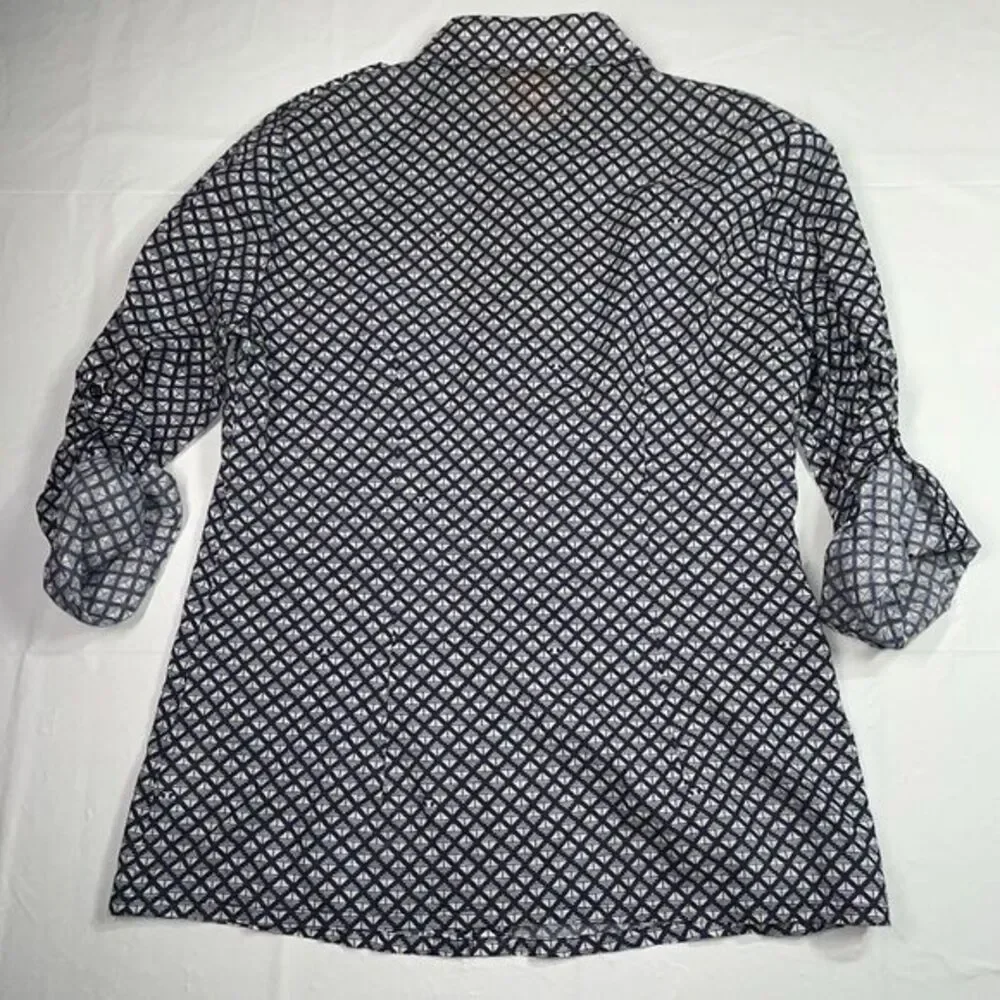 Tory Burch Blouse‎ Top Blue White Square Signature T Cotton Shirt Size 4